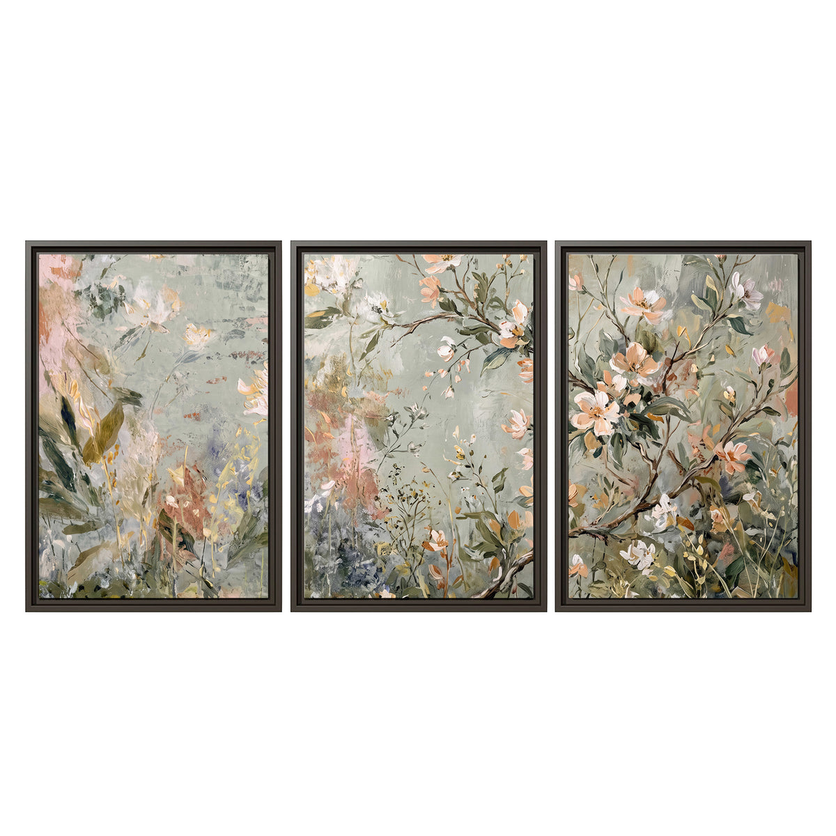 Delicate pink and ivory flowering branches against muted sage green 3 piece framed canvas wall art viewed straight on