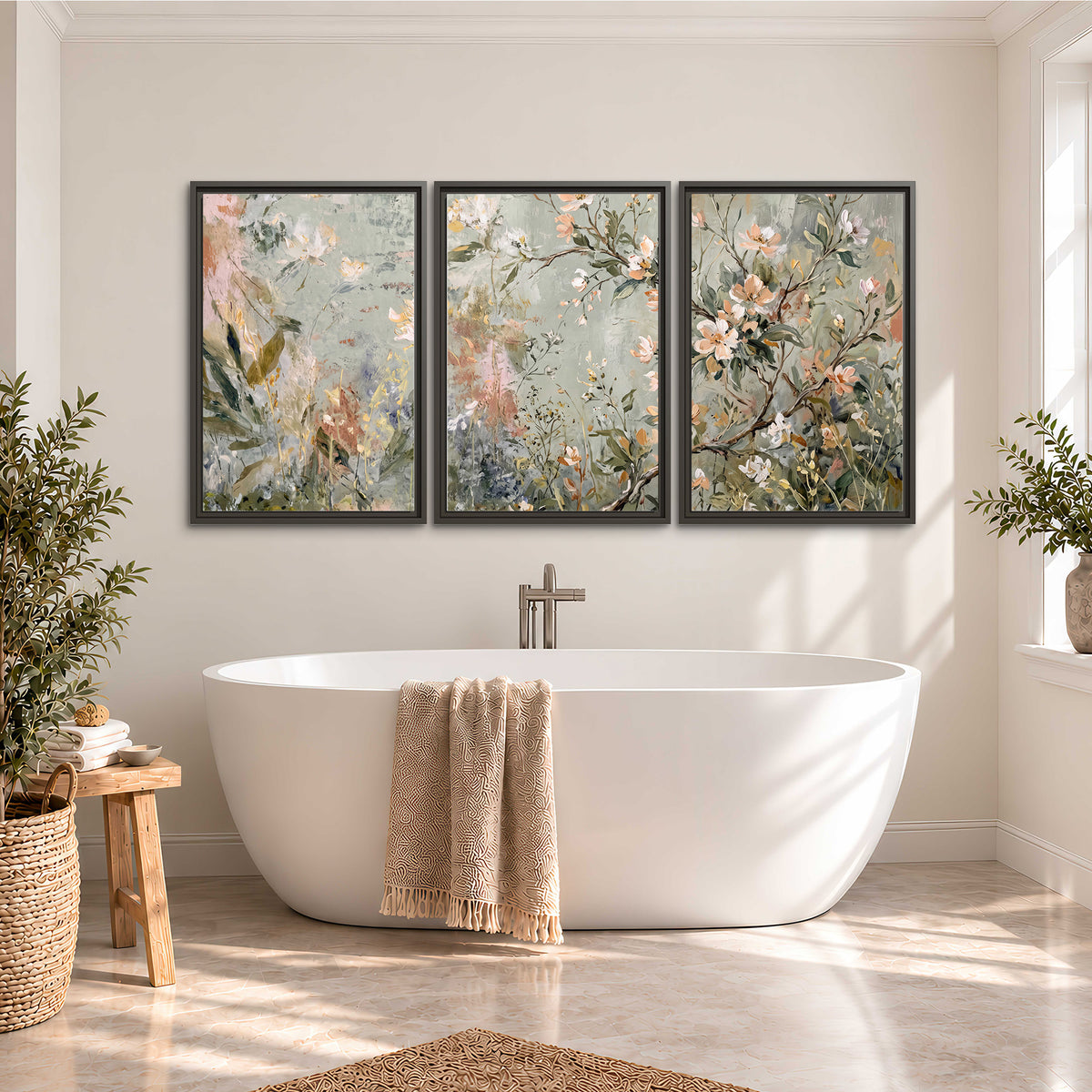 Delicate pink and ivory flowering branches against muted sage green 3 piece framed canvas wall art styled in an interior