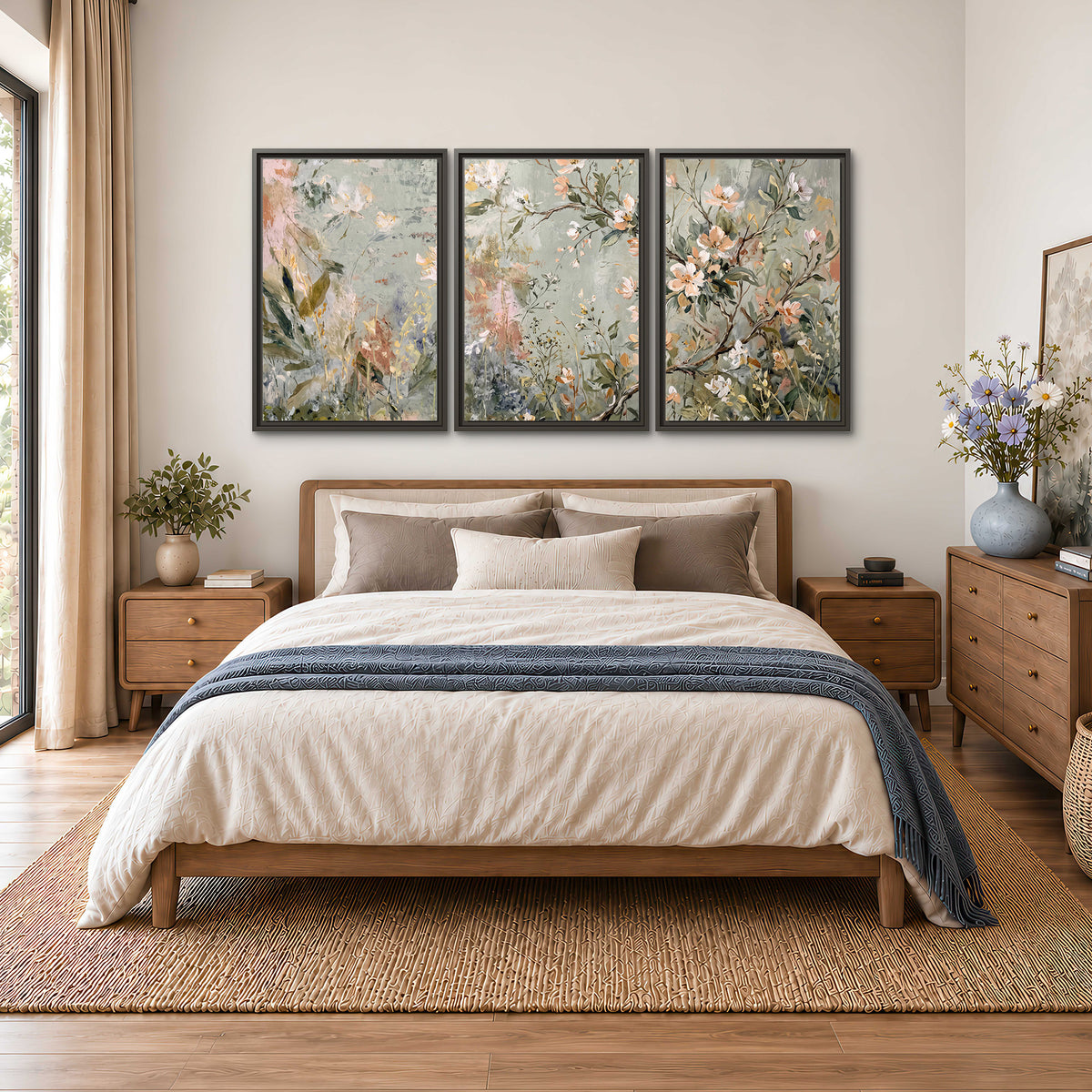 Delicate pink and ivory flowering branches against muted sage green 3 piece framed canvas wall art styled in an interior