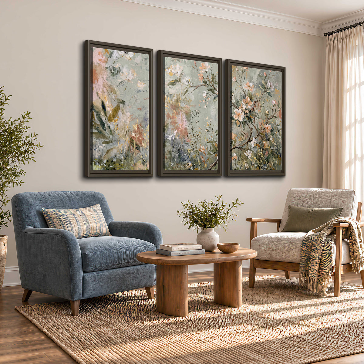 Delicate pink and ivory flowering branches against muted sage green 3 piece framed canvas wall art styled in an interior