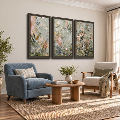 Delicate pink and ivory flowering branches against muted sage green 3 piece framed canvas wall art styled in an interior