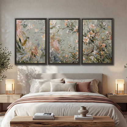 Delicate pink and ivory flowering branches against muted sage green 3 piece framed canvas wall art displayed in a bedroom