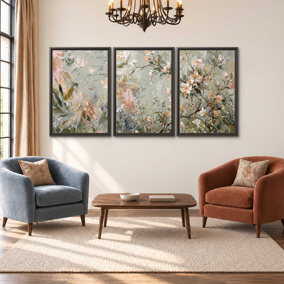Delicate pink and ivory flowering branches against muted sage green 3 piece framed canvas wall art styled in an interior