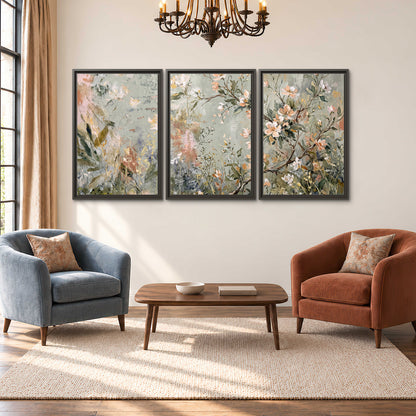 Delicate pink and ivory flowering branches against muted sage green 3 piece framed canvas wall art styled in an interior