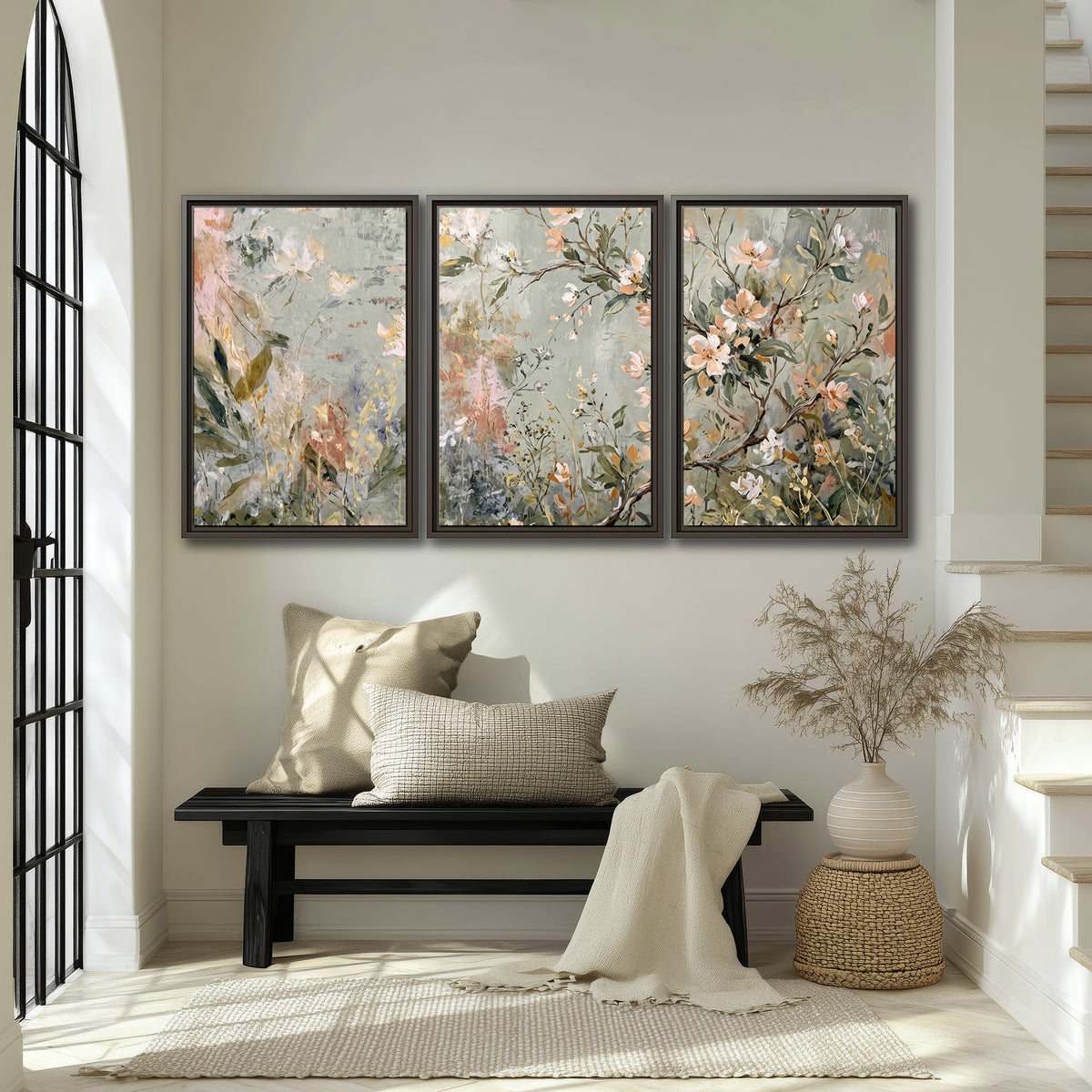 Delicate pink and ivory flowering branches against muted sage green 3 piece framed canvas wall art displayed in a entryway