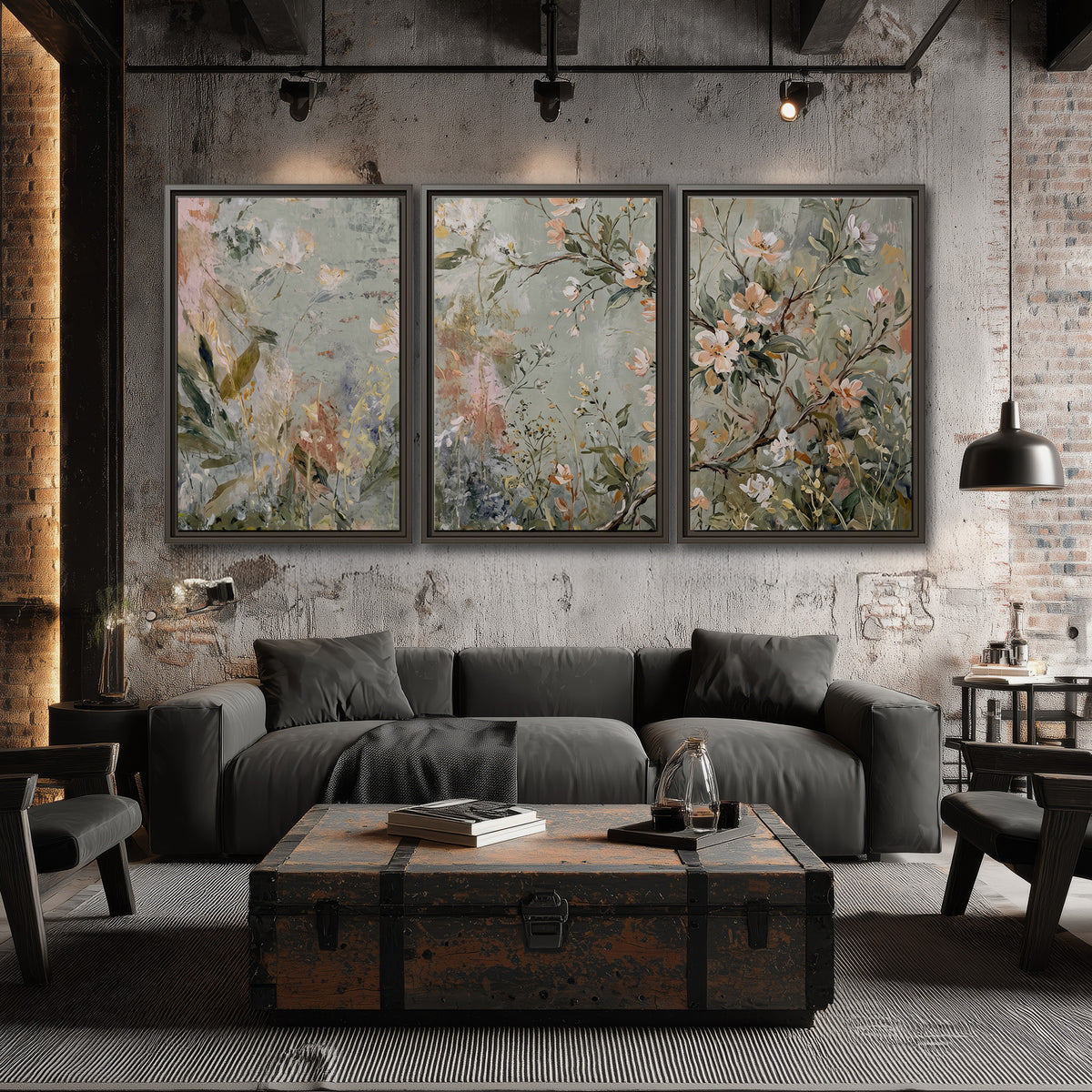 Delicate pink and ivory flowering branches against muted sage green 3 piece framed canvas wall art displayed in a industrial room