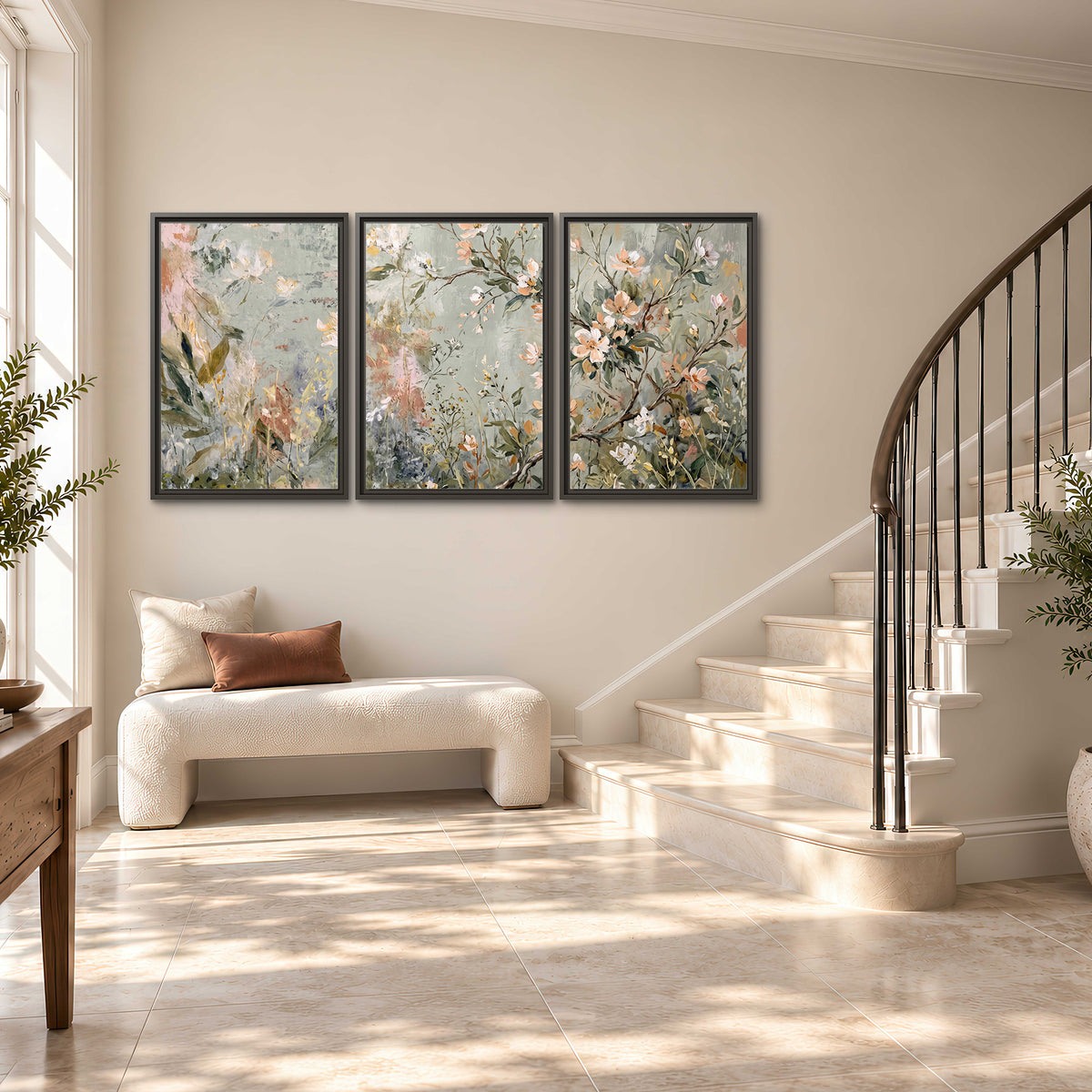 Delicate pink and ivory flowering branches against muted sage green 3 piece framed canvas wall art styled in an interior