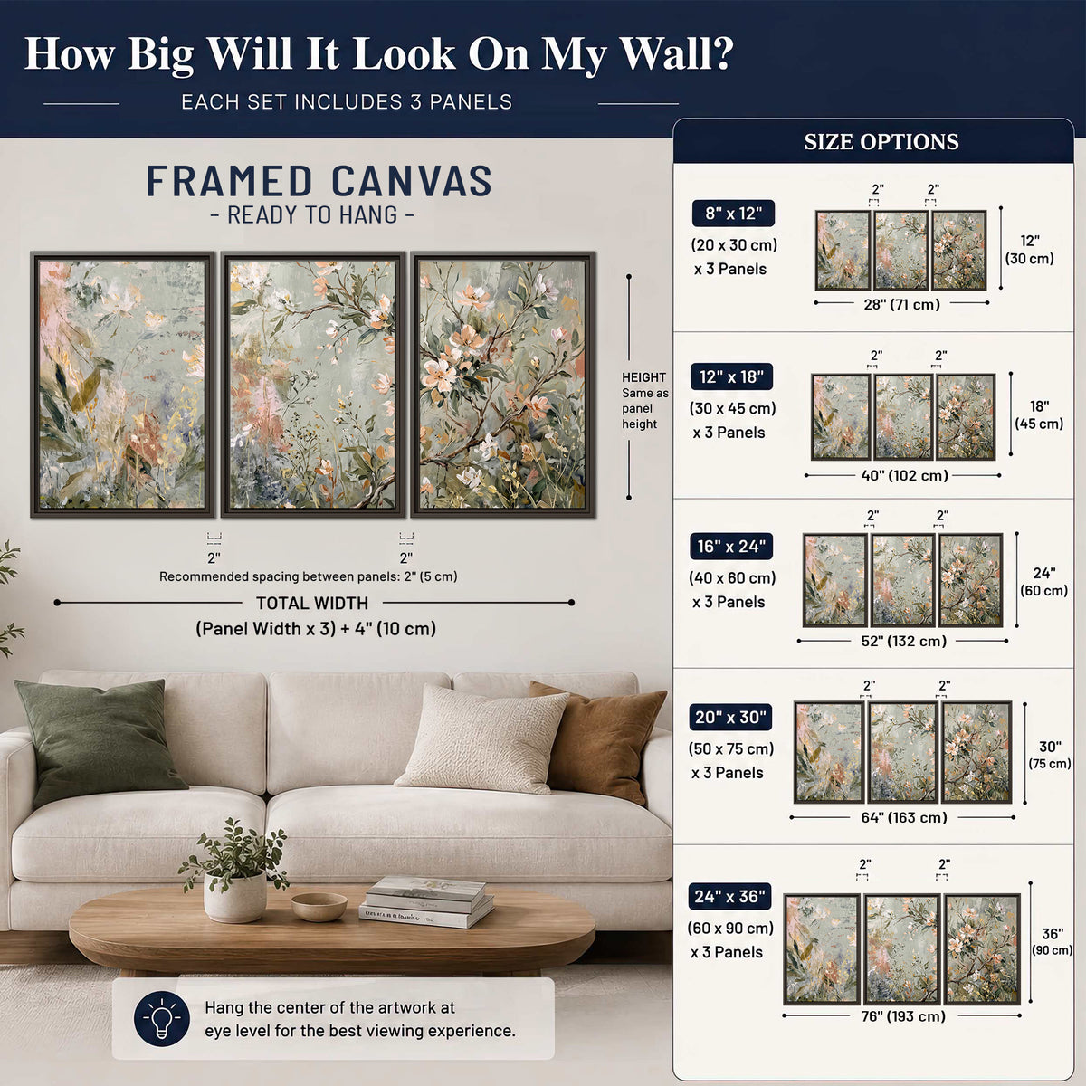 Delicate pink and ivory flowering branches against muted sage green 3 piece framed canvas wall art size guide above a sofa; room view is illustrative