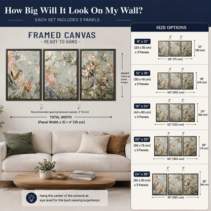 Delicate pink and ivory flowering branches against muted sage green 3 piece framed canvas wall art size guide above a sofa; room view is illustrative