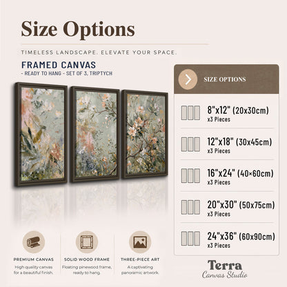 Delicate pink and ivory flowering branches against muted sage green 3 piece framed canvas wall art available dimensions; triptych dimensions are per panel