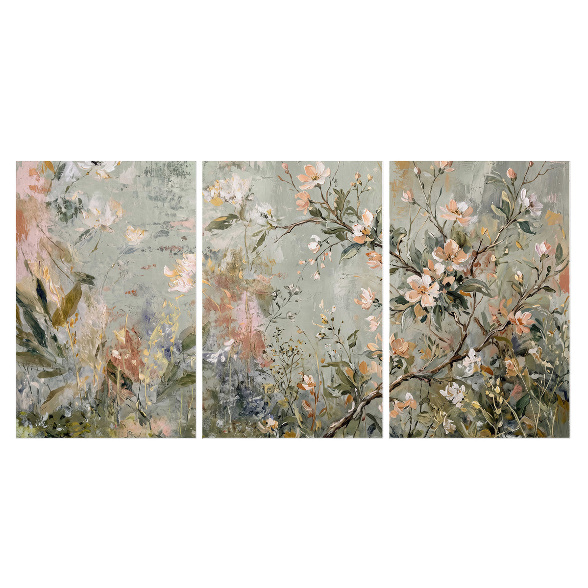 Delicate pink and ivory flowering branches against muted sage green set of 3 poster prints viewed straight on