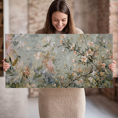 Delicate pink and ivory flowering branches against muted sage green single canvas wall art held in hands