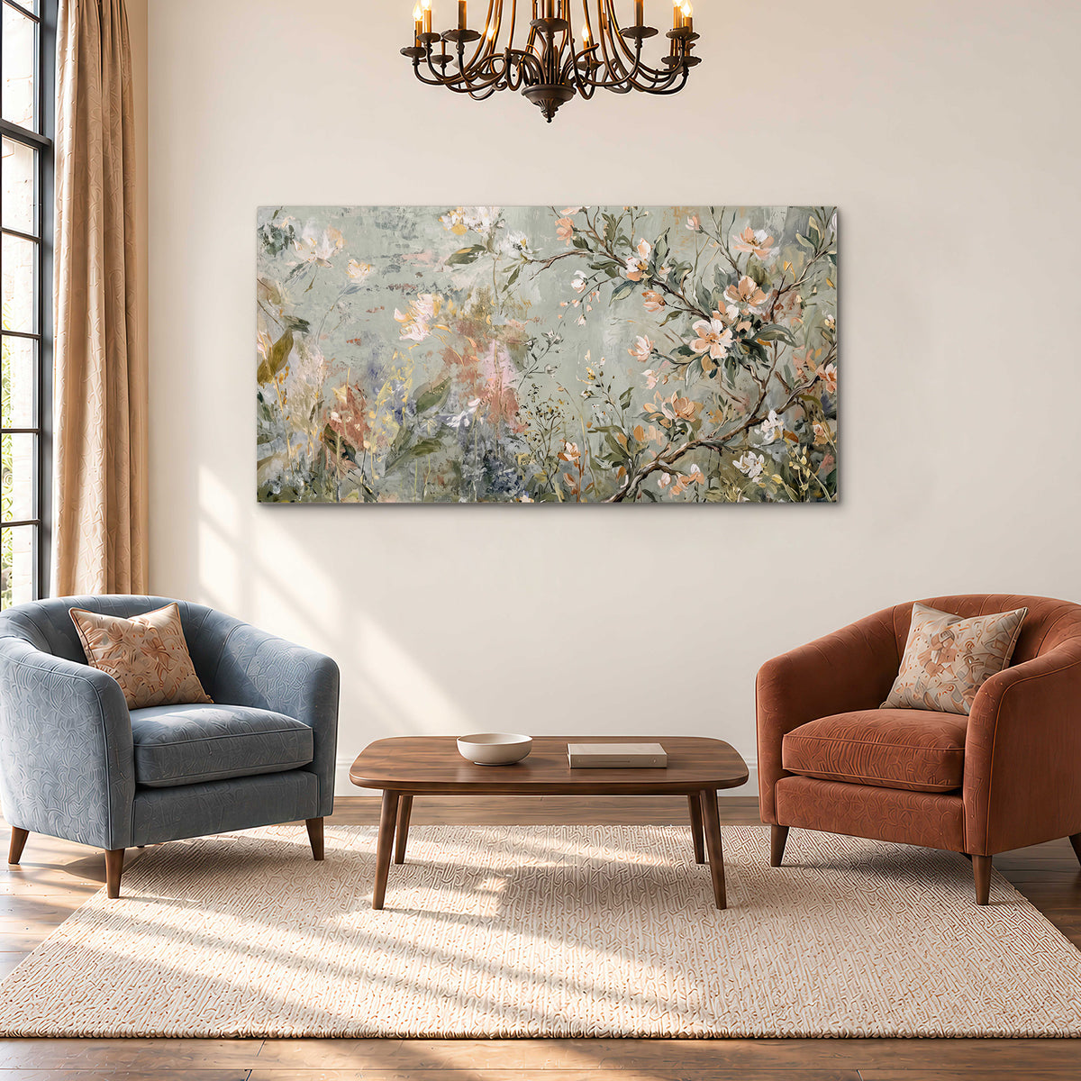 Delicate pink and ivory flowering branches against muted sage green single canvas wall art styled in an interior