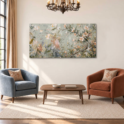 Delicate pink and ivory flowering branches against muted sage green single canvas wall art styled in an interior
