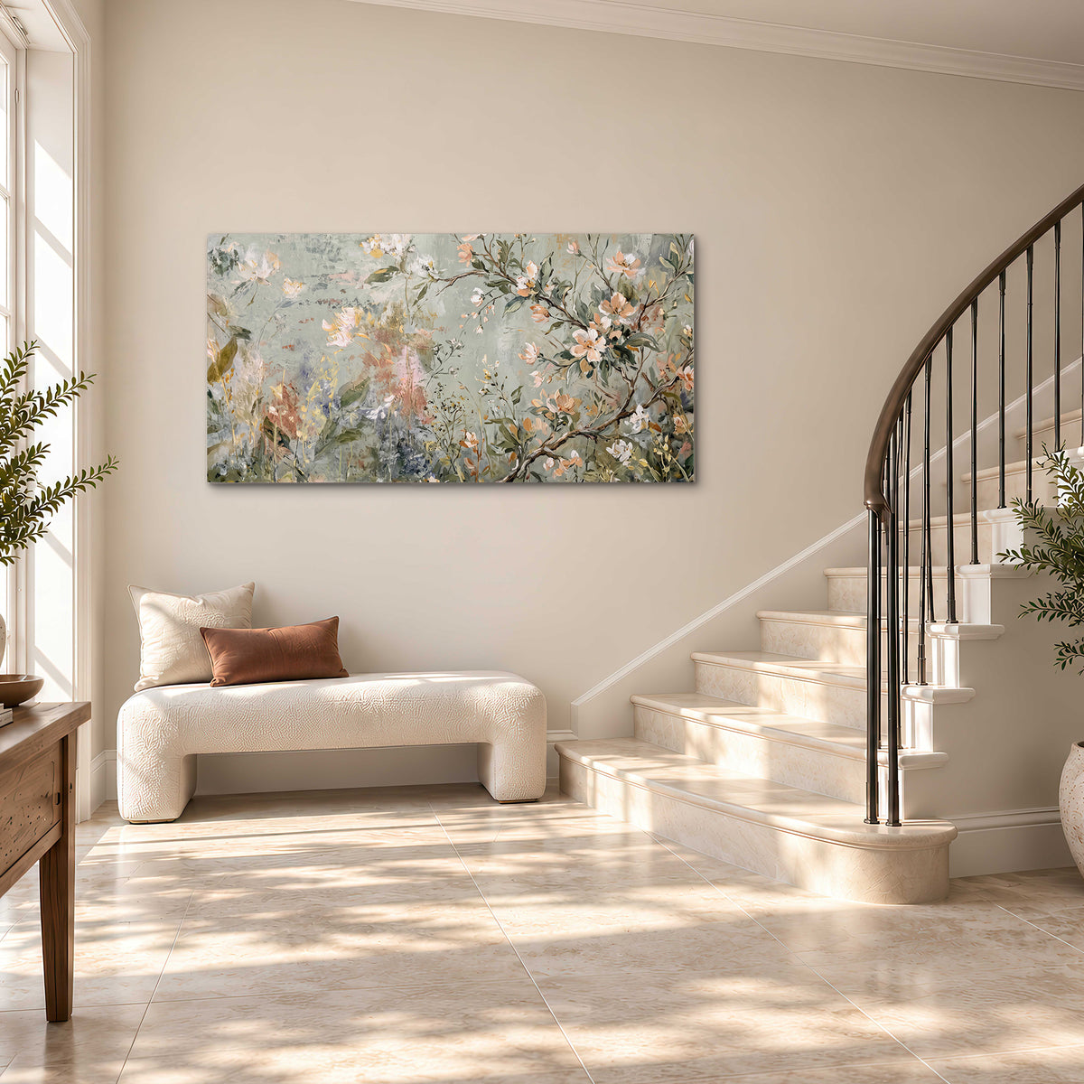 Delicate pink and ivory flowering branches against muted sage green single canvas wall art styled in an interior