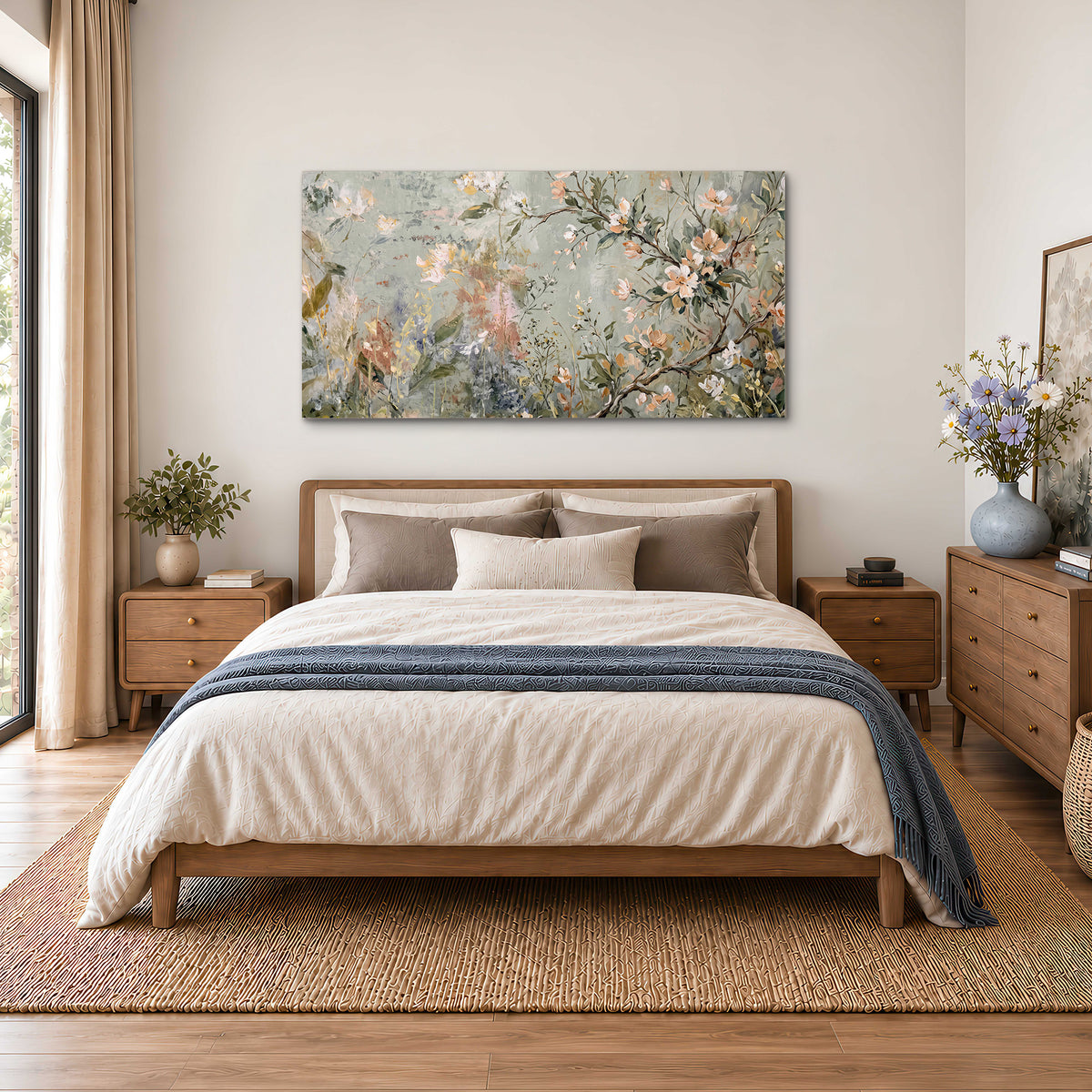 Delicate pink and ivory flowering branches against muted sage green single canvas wall art styled in an interior