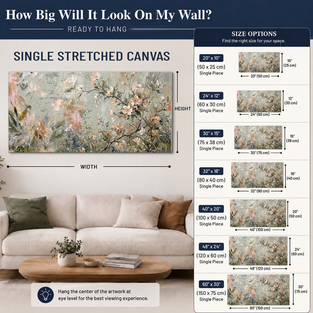 Delicate pink and ivory flowering branches against muted sage green single canvas wall art size guide above a sofa; room view is illustrative