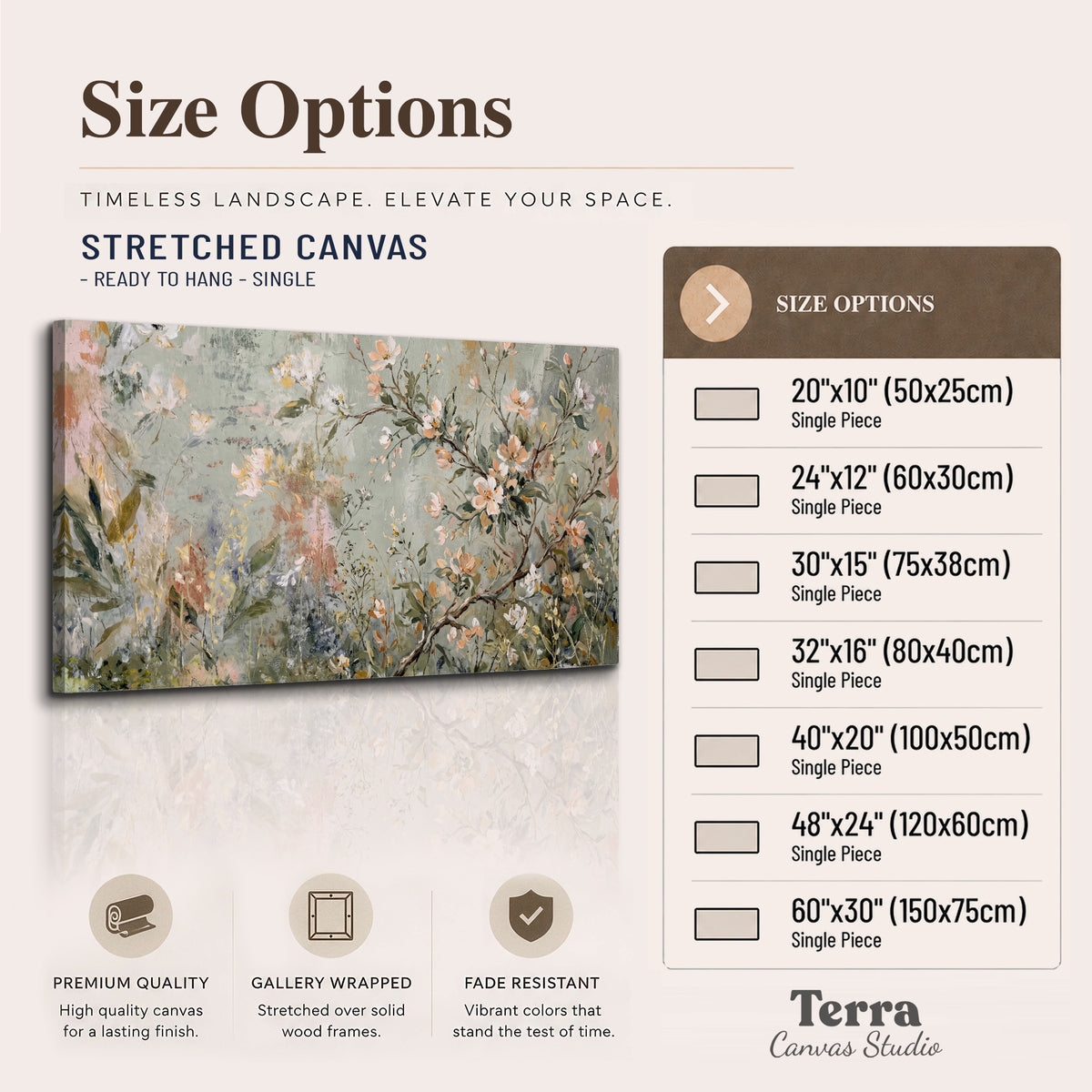 Delicate pink and ivory flowering branches against muted sage green single canvas wall art available dimensions