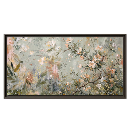 Delicate pink and ivory flowering branches against muted sage green single framed canvas wall art viewed straight on