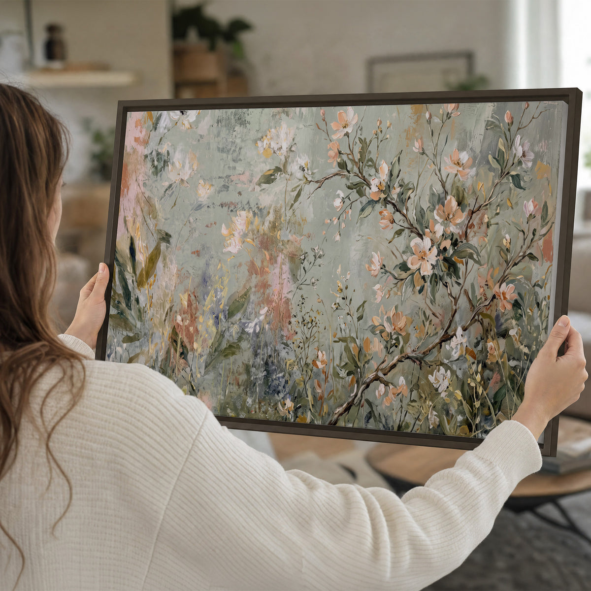 Delicate pink and ivory flowering branches against muted sage green single framed canvas wall art held in hands