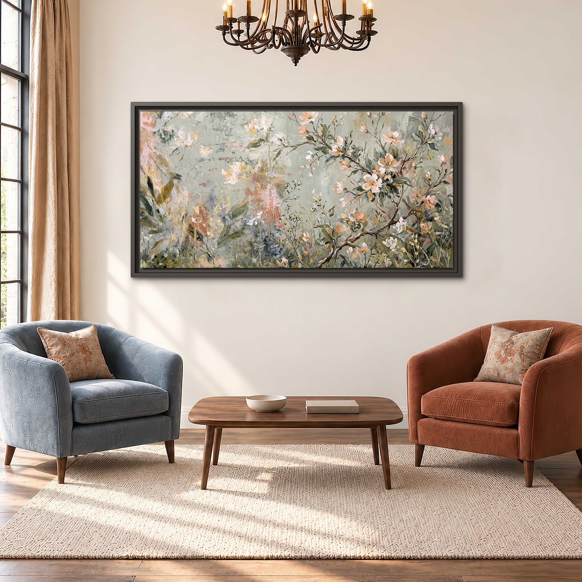 Delicate pink and ivory flowering branches against muted sage green single framed canvas wall art styled in an interior