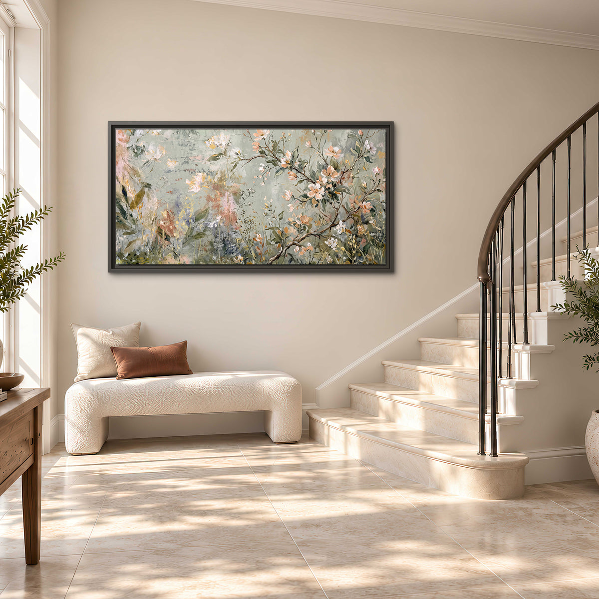 Delicate pink and ivory flowering branches against muted sage green single framed canvas wall art styled in an interior