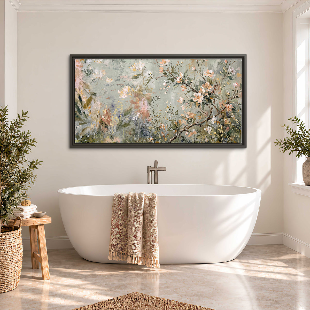 Delicate pink and ivory flowering branches against muted sage green single framed canvas wall art styled in an interior