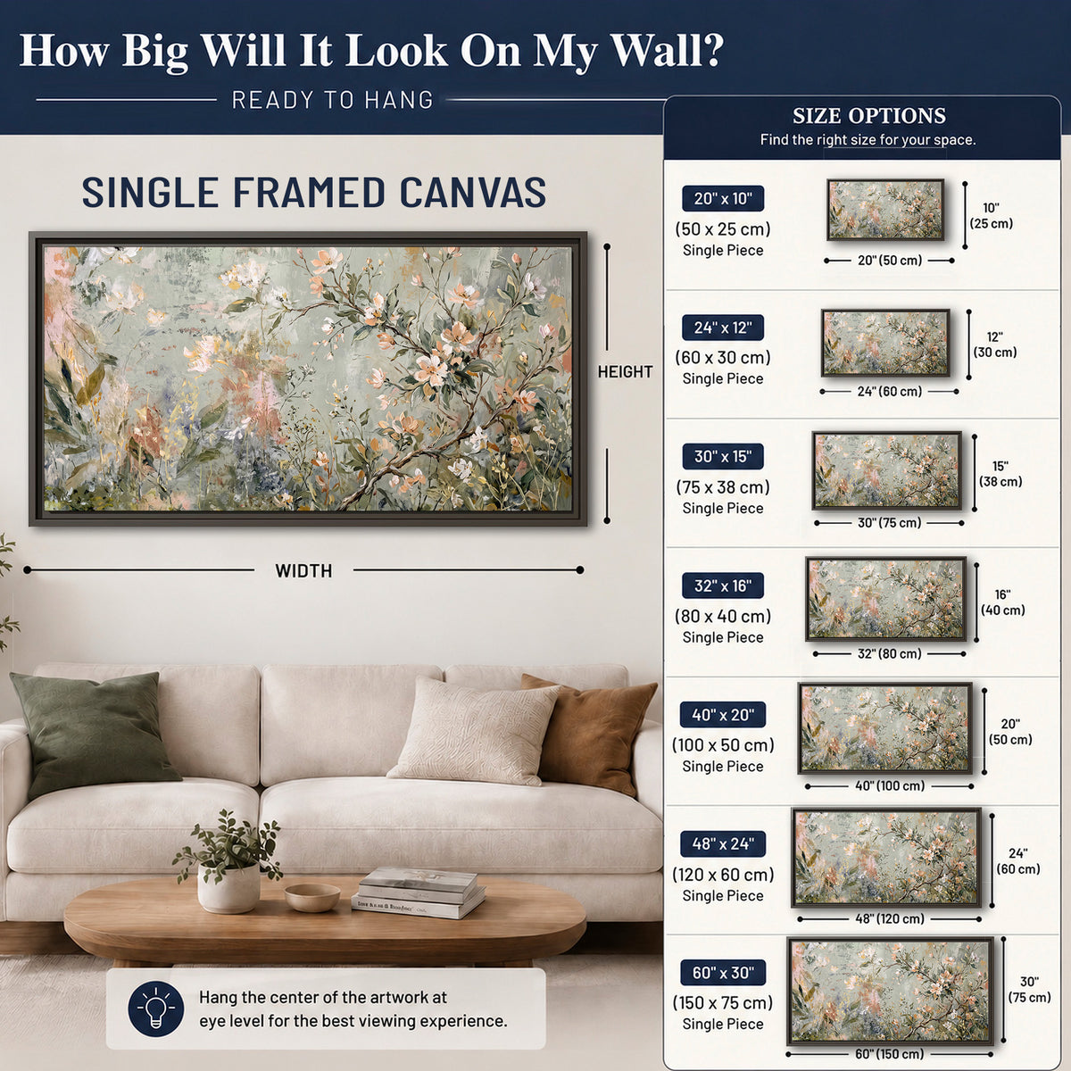 Delicate pink and ivory flowering branches against muted sage green single framed canvas wall art size guide above a sofa; room view is illustrative
