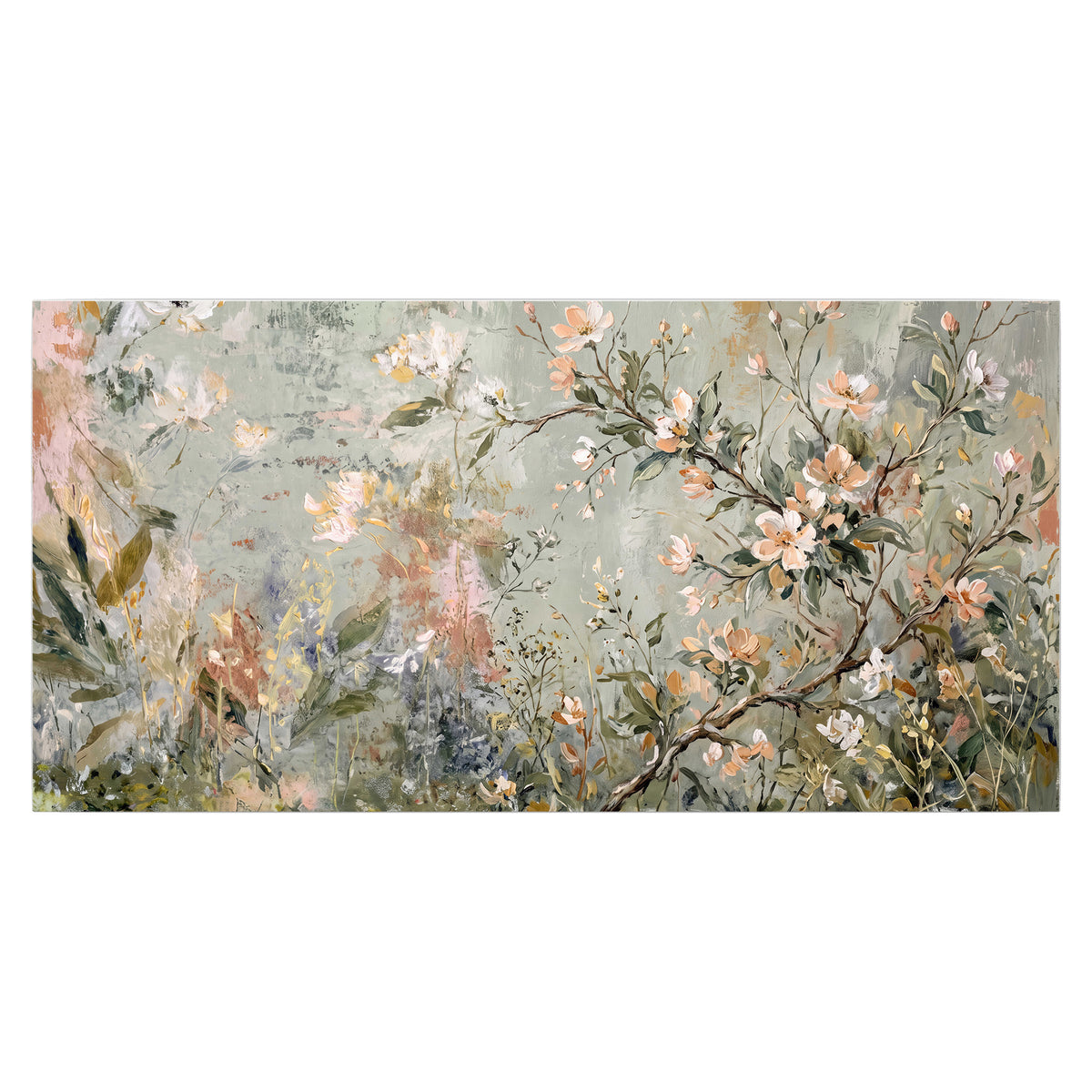 Delicate pink and ivory flowering branches against muted sage green single poster print viewed straight on