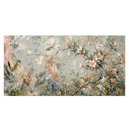 Delicate pink and ivory flowering branches against muted sage green single poster print viewed straight on