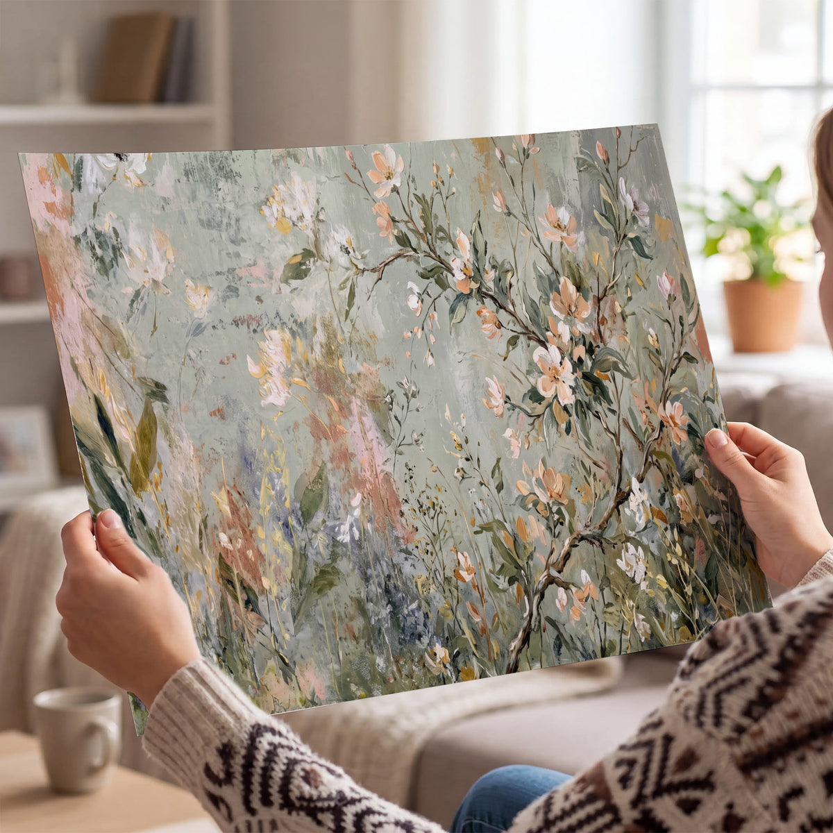 Delicate pink and ivory flowering branches against muted sage green single poster print held in hands