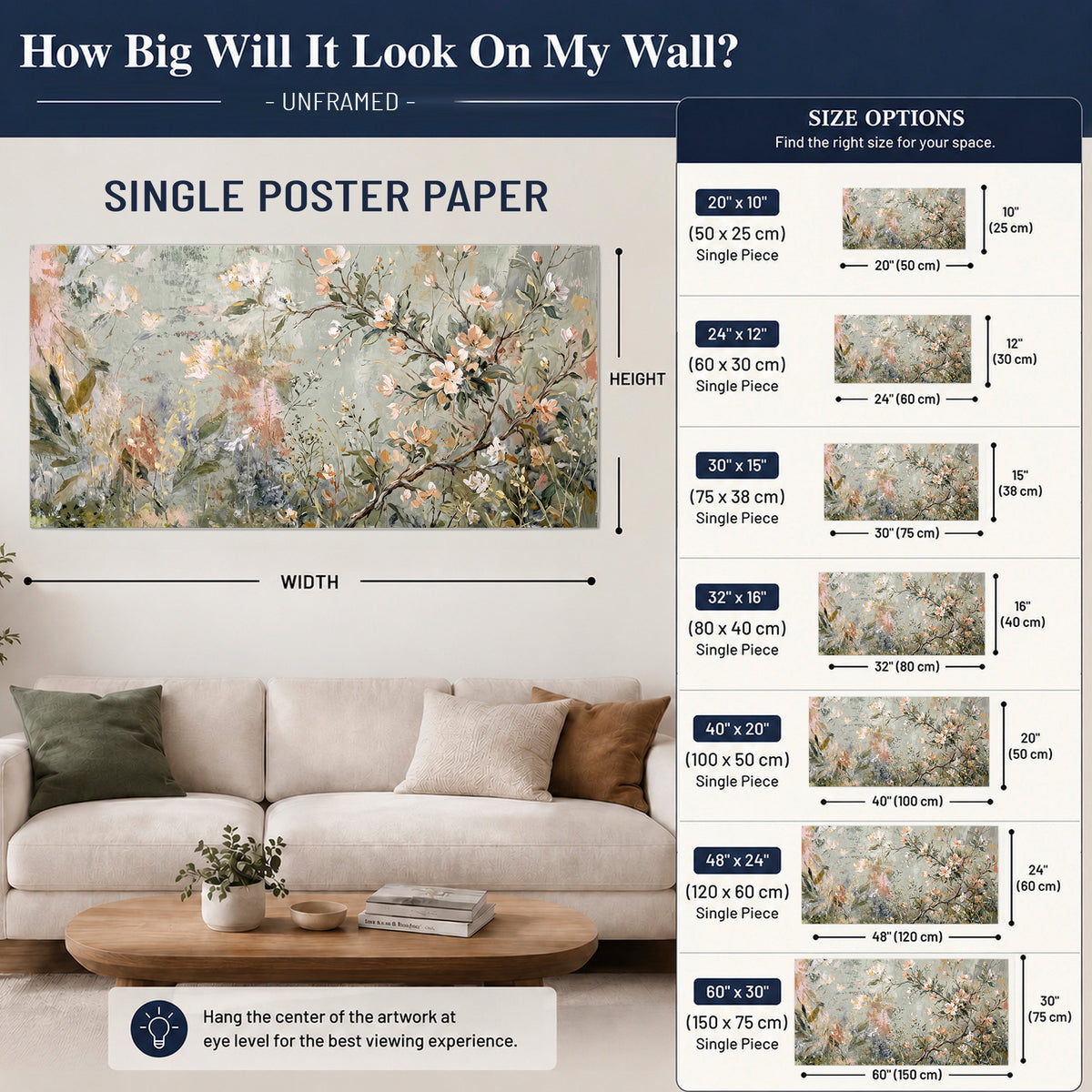 Delicate pink and ivory flowering branches against muted sage green single poster print size guide above a sofa; room view is illustrative