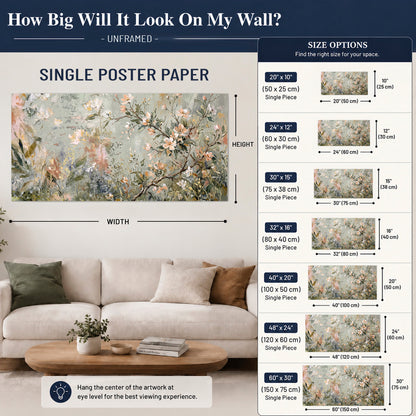 Delicate pink and ivory flowering branches against muted sage green single poster print size guide above a sofa; room view is illustrative