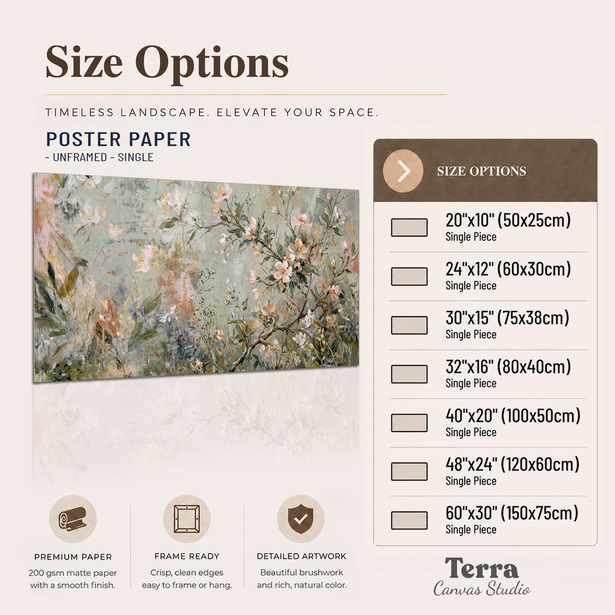 Delicate pink and ivory flowering branches against muted sage green single poster print available dimensions