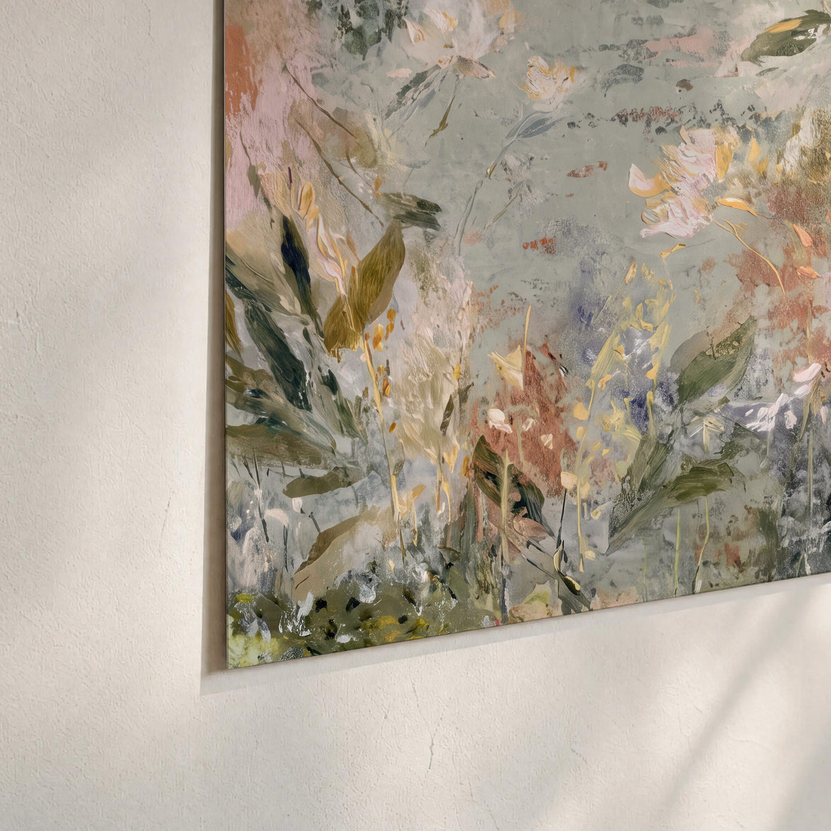 Delicate pink and ivory flowering branches against muted sage green set of 3 poster prints material and edge close up