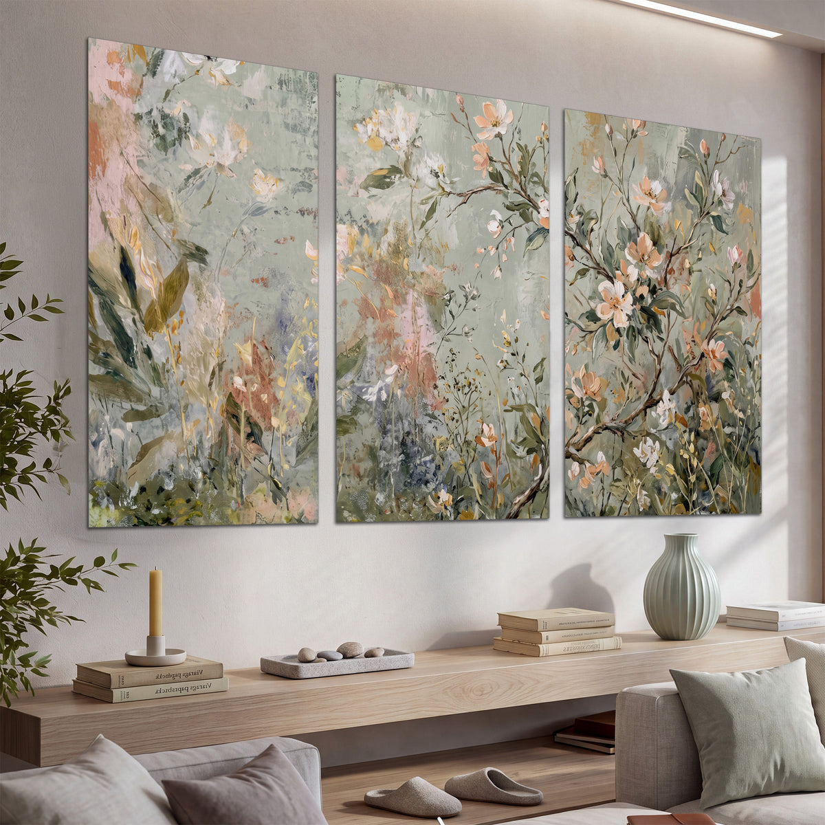 Delicate pink and ivory flowering branches against muted sage green set of 3 poster prints displayed in a console