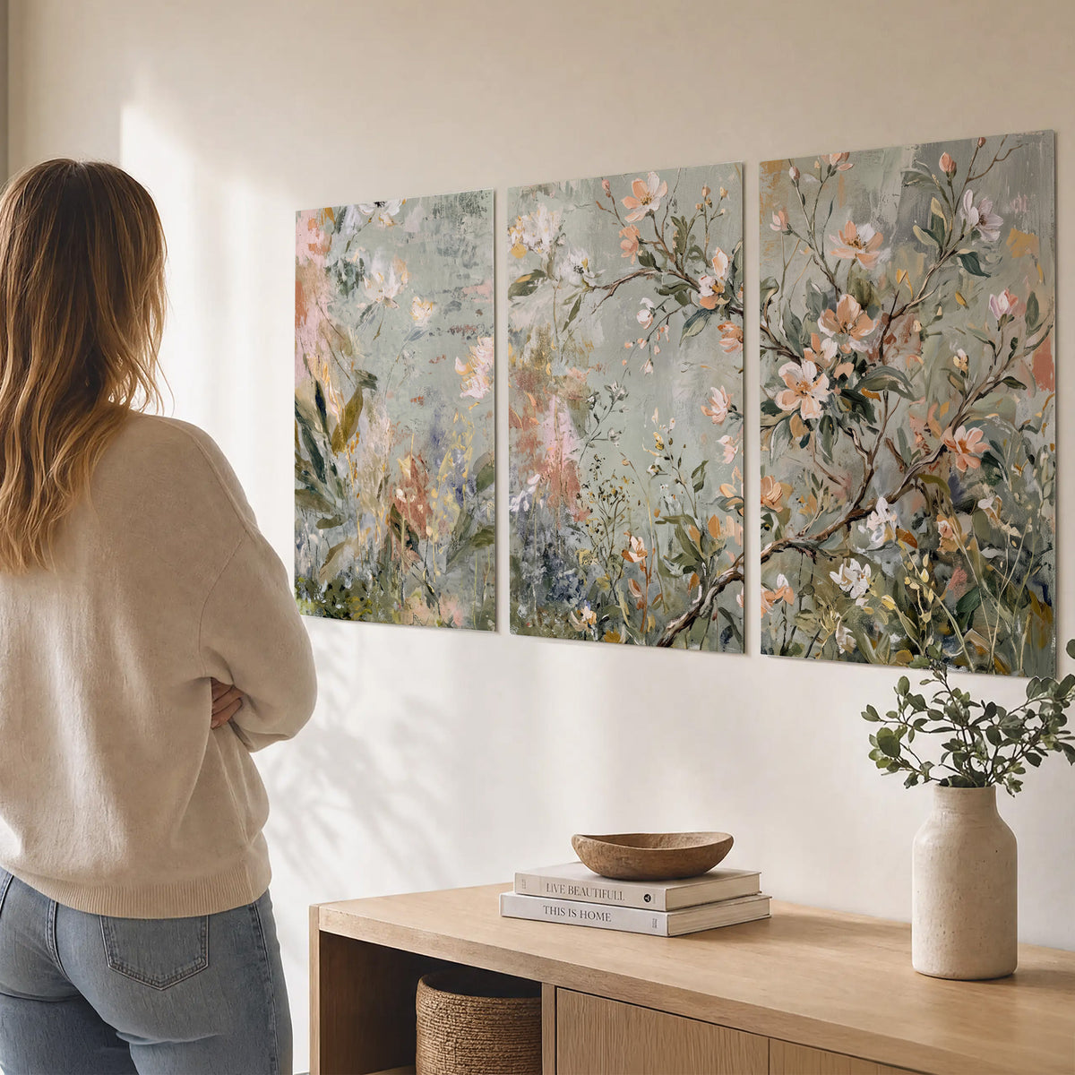 Delicate pink and ivory flowering branches against muted sage green set of 3 poster prints three panel arrangement on a wall