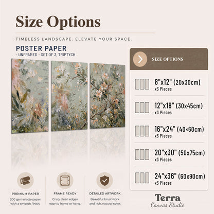 Delicate pink and ivory flowering branches against muted sage green set of 3 poster prints available dimensions; triptych dimensions are per panel