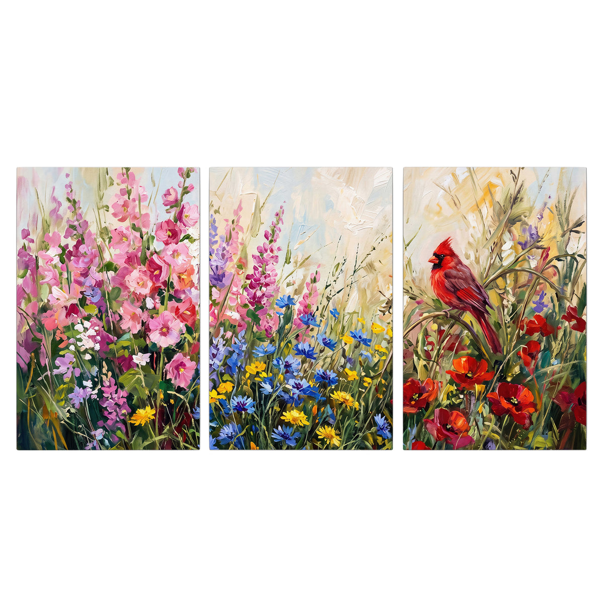A bright red cardinal among vivid pink, blue and yellow wildflowers 3 piece canvas wall art viewed straight on