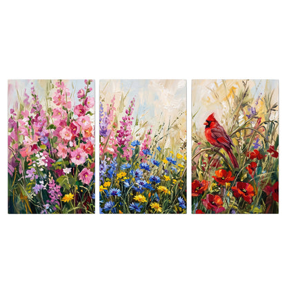 A bright red cardinal among vivid pink, blue and yellow wildflowers 3 piece canvas wall art viewed straight on