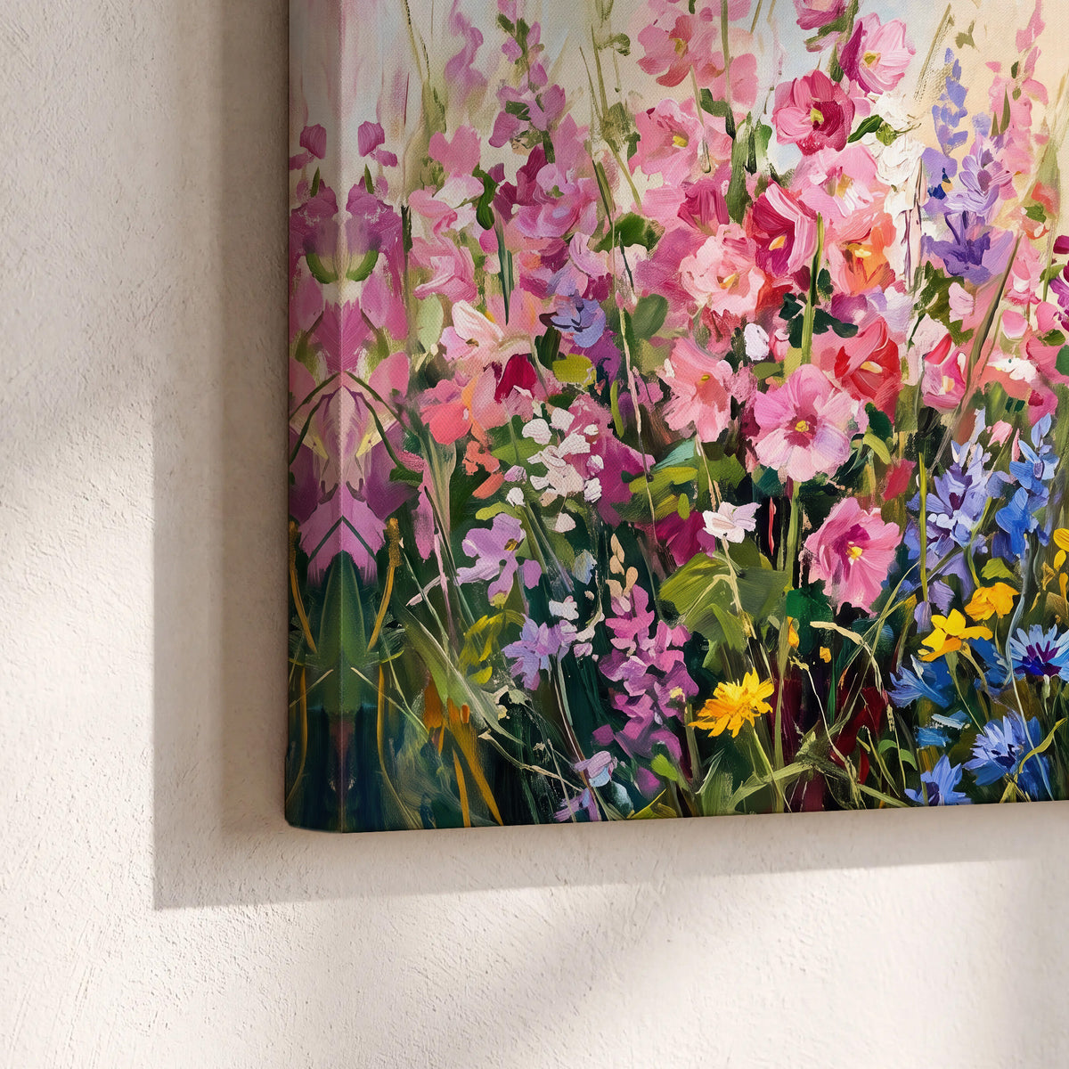 A bright red cardinal among vivid pink, blue and yellow wildflowers 3 piece canvas wall art material and edge close up