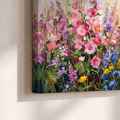 A bright red cardinal among vivid pink, blue and yellow wildflowers 3 piece canvas wall art material and edge close up