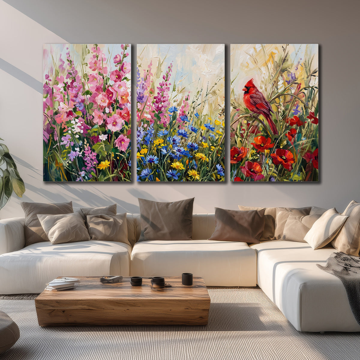 A bright red cardinal among vivid pink, blue and yellow wildflowers 3 piece canvas wall art displayed in a living room