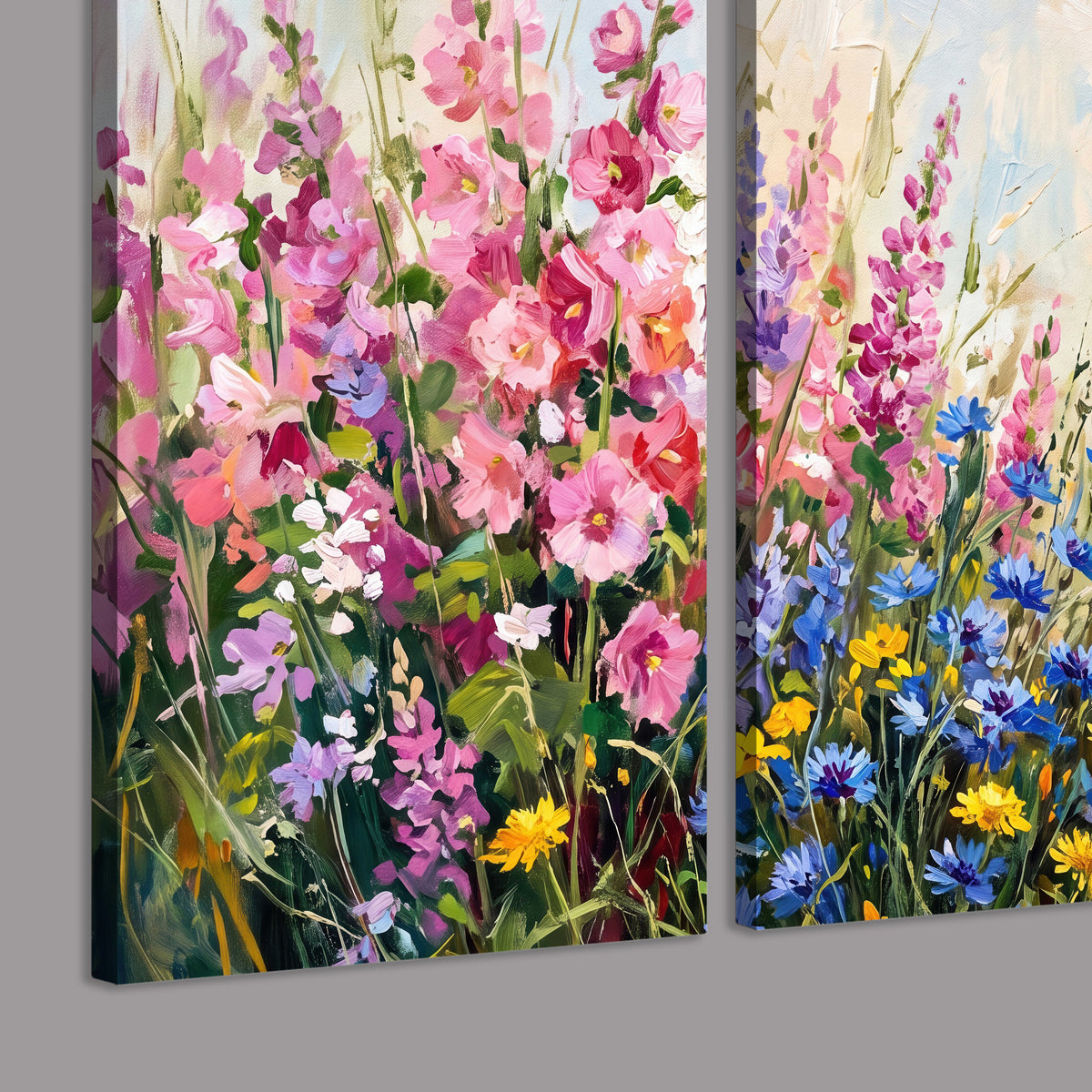 A bright red cardinal among vivid pink, blue and yellow wildflowers 3 piece canvas wall art room and product view