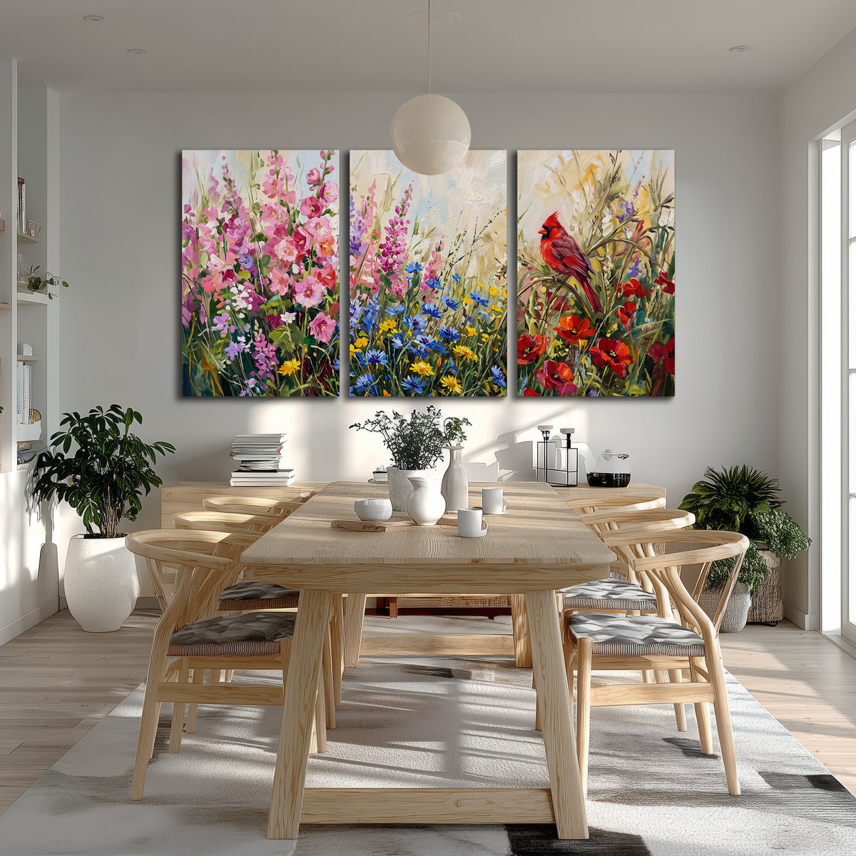 A bright red cardinal among vivid pink, blue and yellow wildflowers 3 piece canvas wall art room and product view