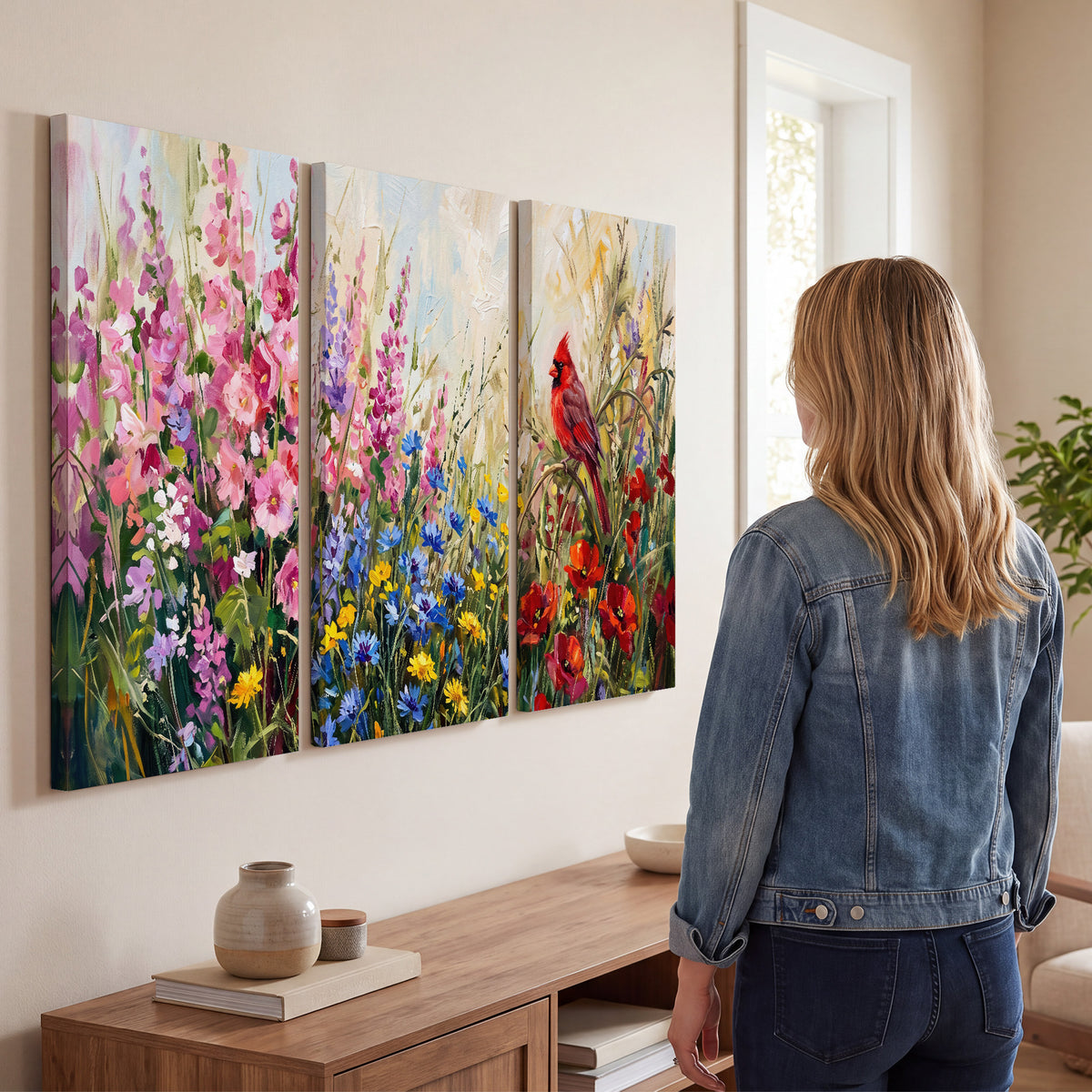 A bright red cardinal among vivid pink, blue and yellow wildflowers 3 piece canvas wall art three panel arrangement on a wall