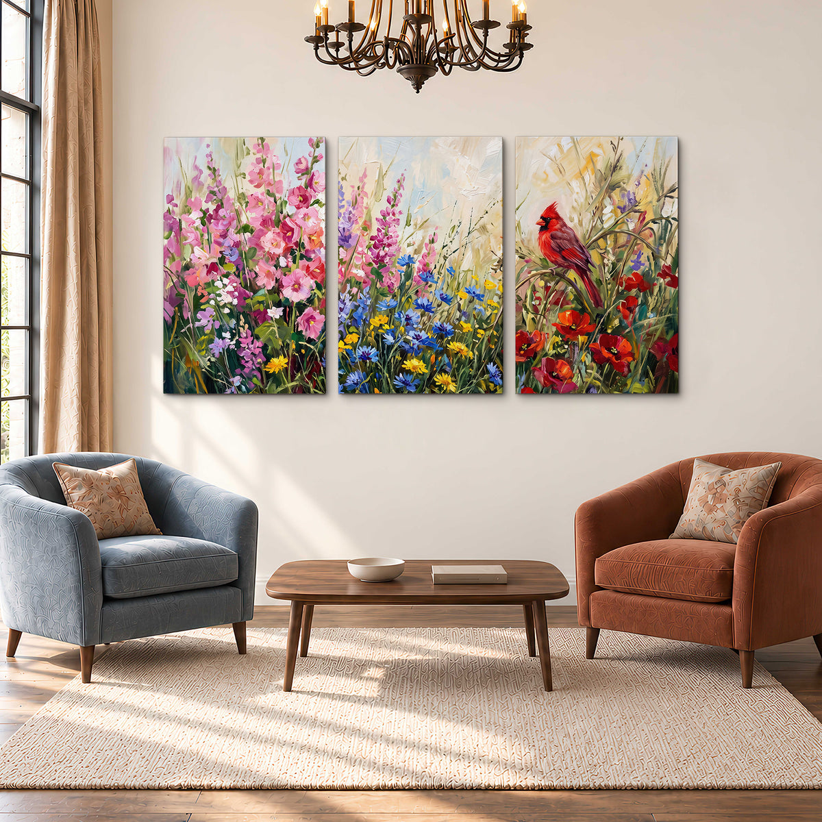 A bright red cardinal among vivid pink, blue and yellow wildflowers 3 piece canvas wall art styled in an interior