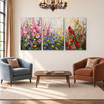 A bright red cardinal among vivid pink, blue and yellow wildflowers 3 piece canvas wall art styled in an interior