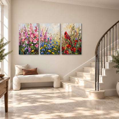 A bright red cardinal among vivid pink, blue and yellow wildflowers 3 piece canvas wall art styled in an interior