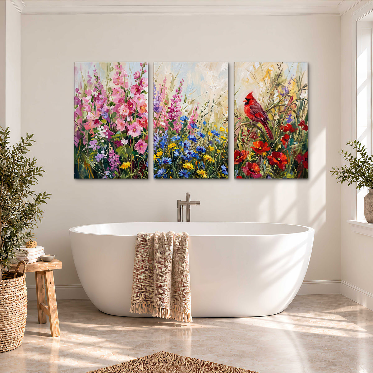 A bright red cardinal among vivid pink, blue and yellow wildflowers 3 piece canvas wall art styled in an interior